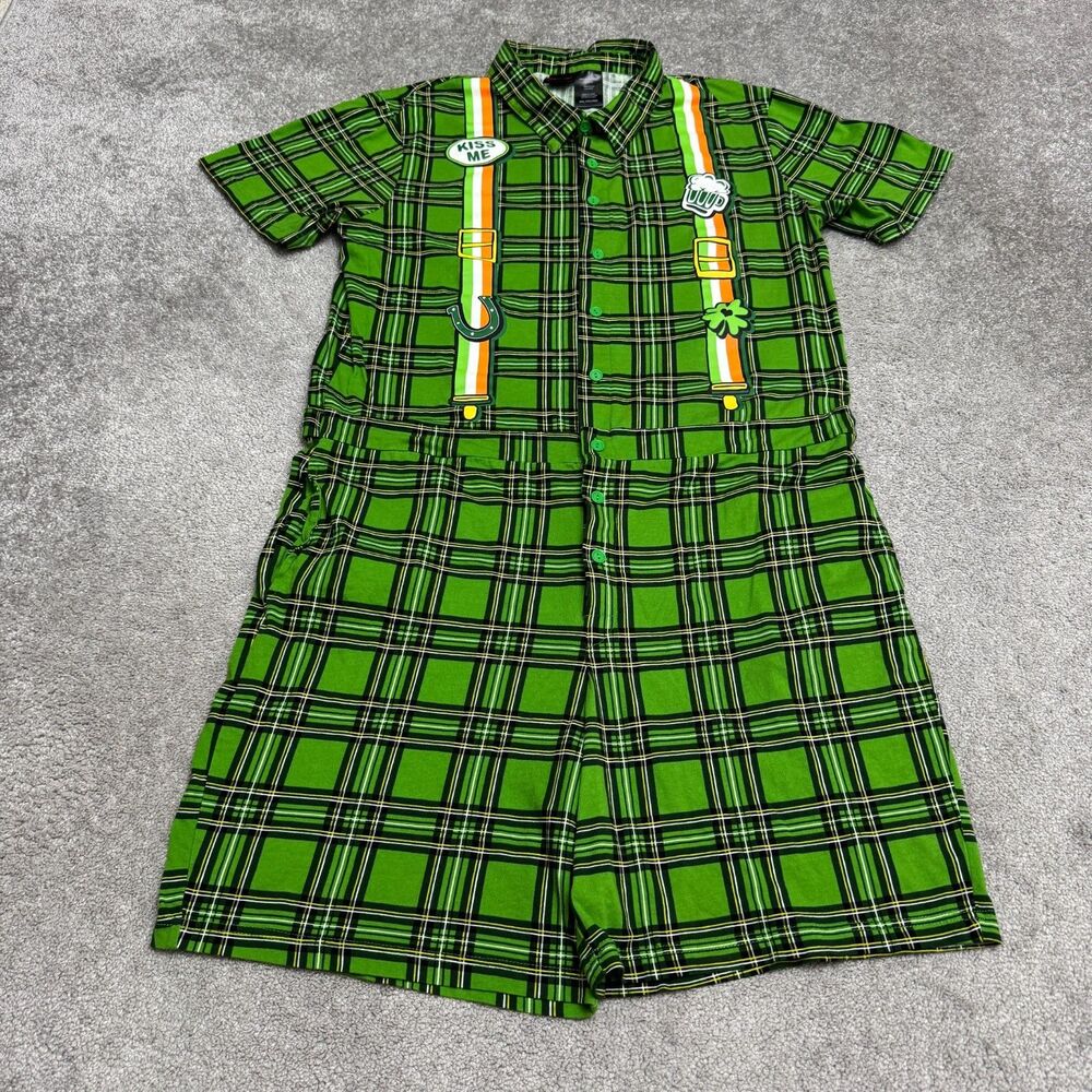 Engine St Patricks Day Leprechaun Plaid Romper Jumpsuit Mens 2XL Green Festive